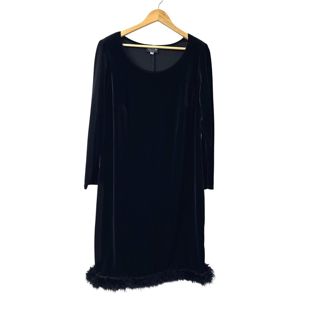 VTG 80s 90s Velvet Feather Hem Dress L Black Cocktail Party Onyx Nite USA